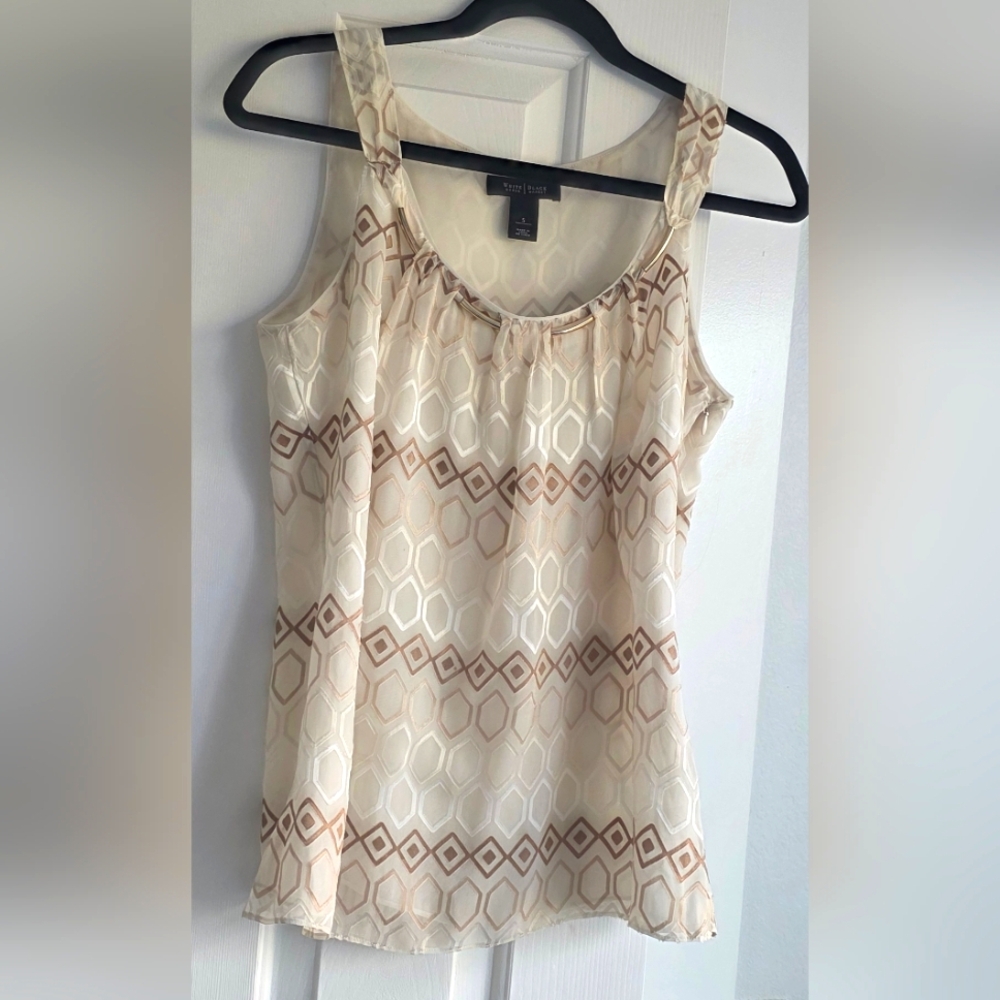 White House Black Market Cream and Brown Patterned Tank Top